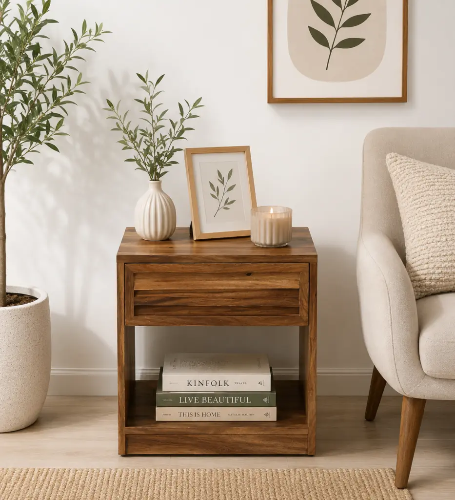 Nilsson Solid Sheesham Wood Nightstand in Natural Teak Finish