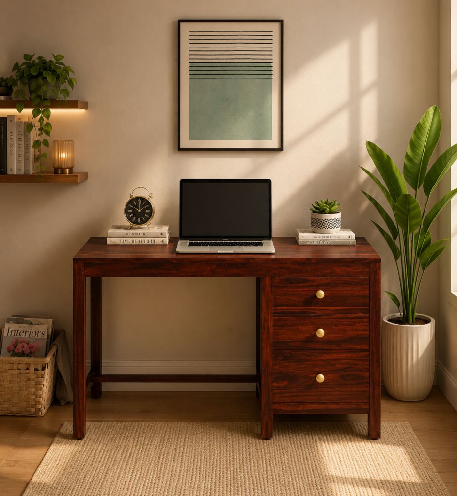 Villa Sheesham Wood Writing Table in Scratch Resistant Honey Oak Finish