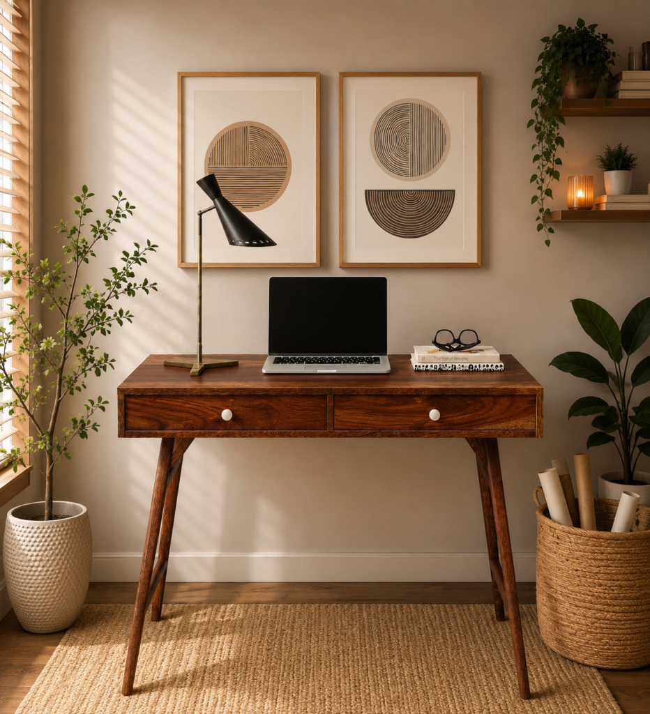 Mans Sheesham Wood Writing Table In Scratch Resistant Provincial Teak Finish