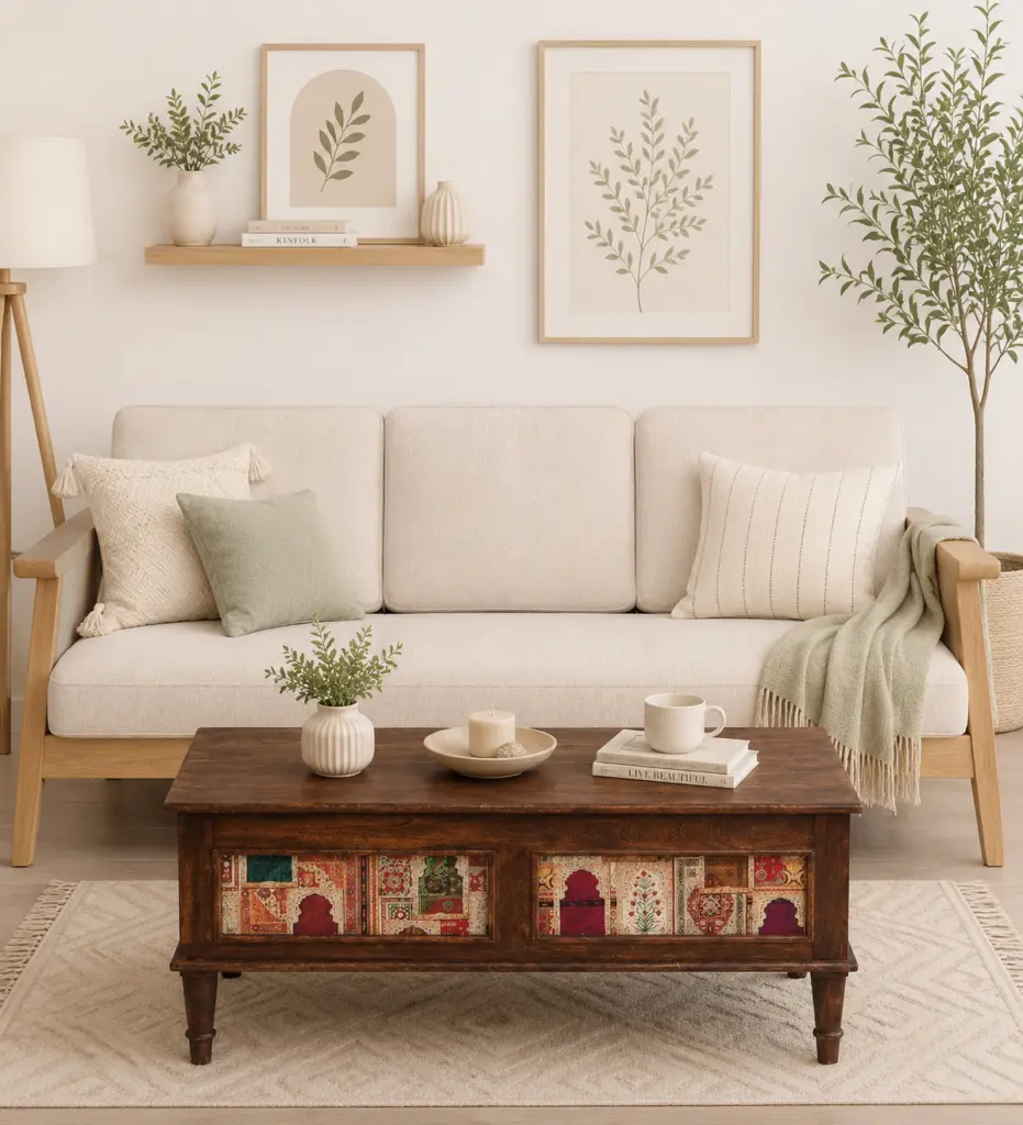 Neem Wood Handcrafted Coffee Table in Distressed Grey Finish