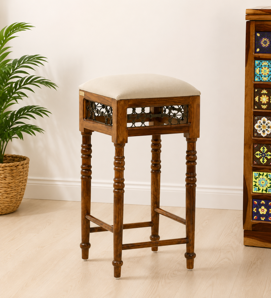 Briston Wooden Bar Stool with Backrest in Honey Finish