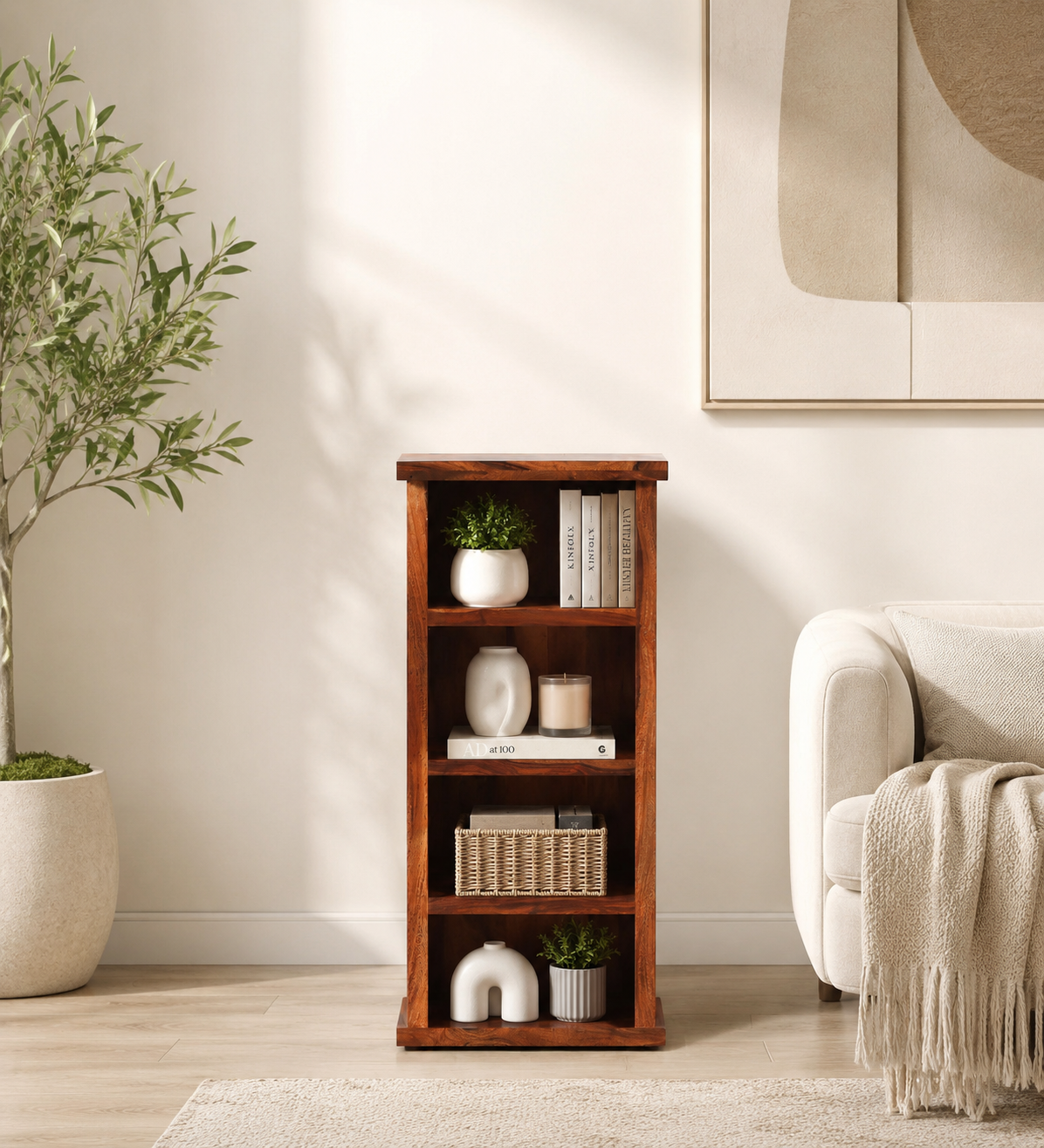 Lambvar Solid Sheesham Wood Book Rack in Warm Walnut Finish