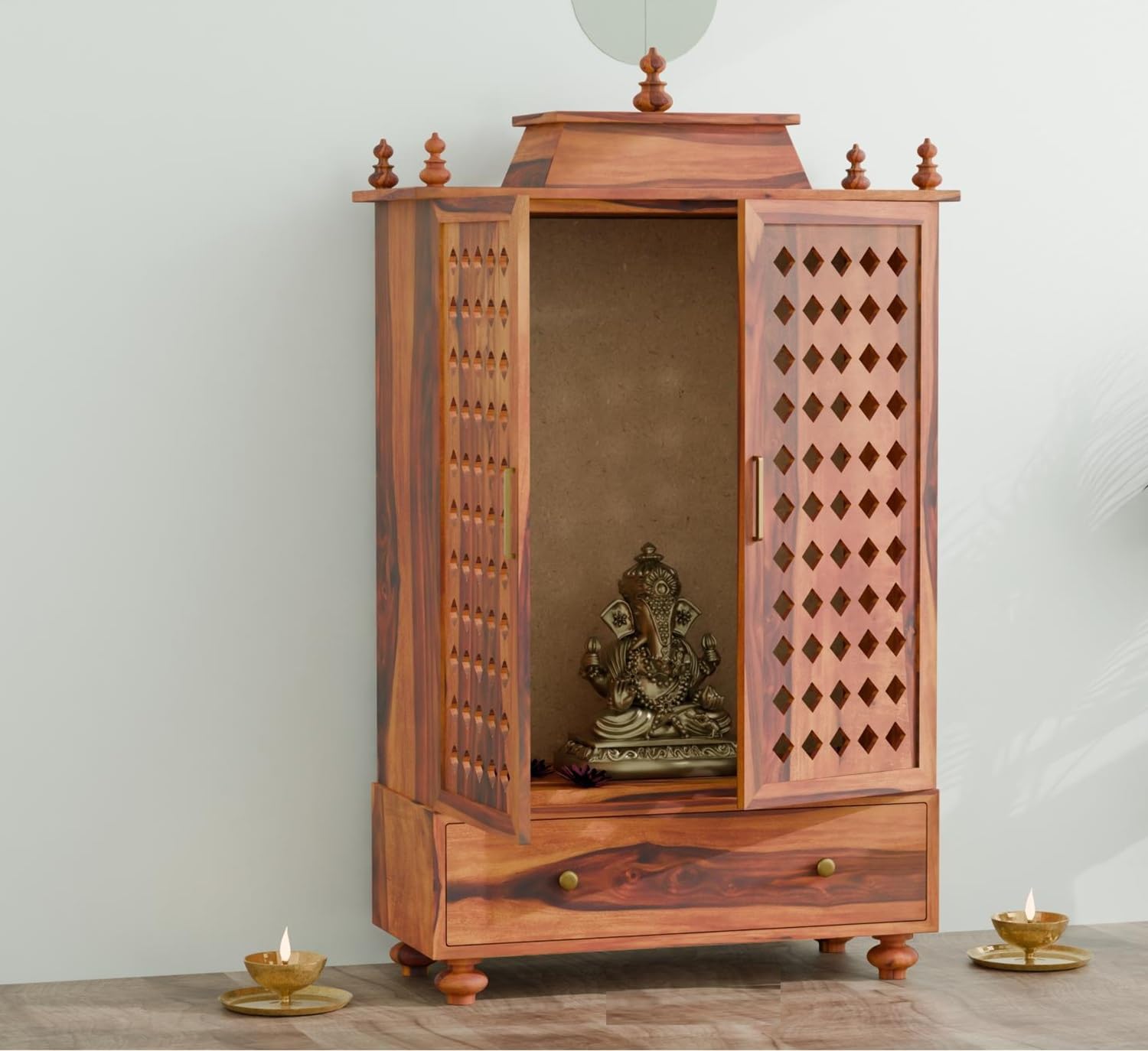 Vanshika Handicrafts Sheesham Wood Pooja Mandir with Cabinet (15x32x46in)
