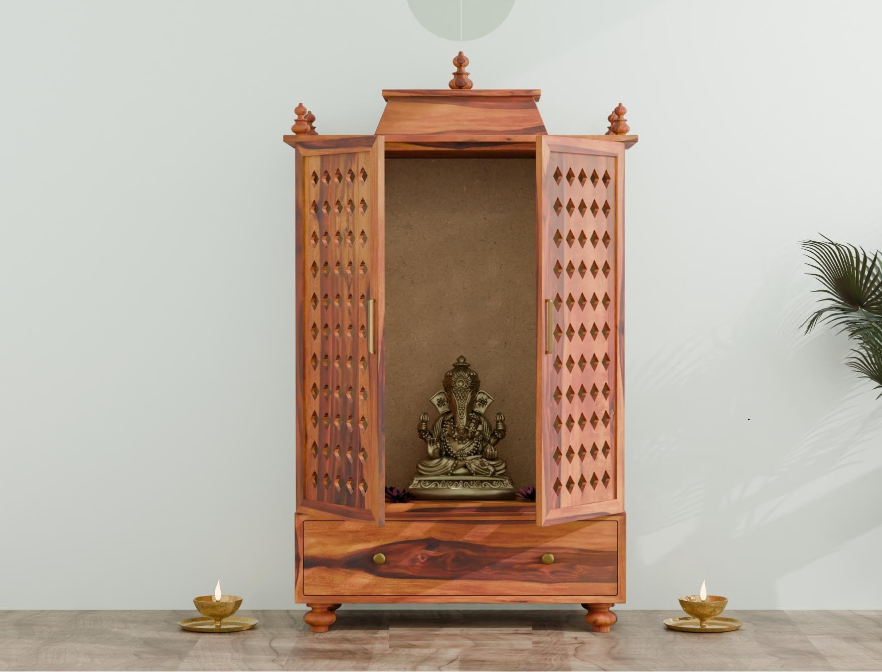 Vanshika Handicrafts Sheesham Wood Pooja Mandir with Cabinet (15x32x46in) - Image 2