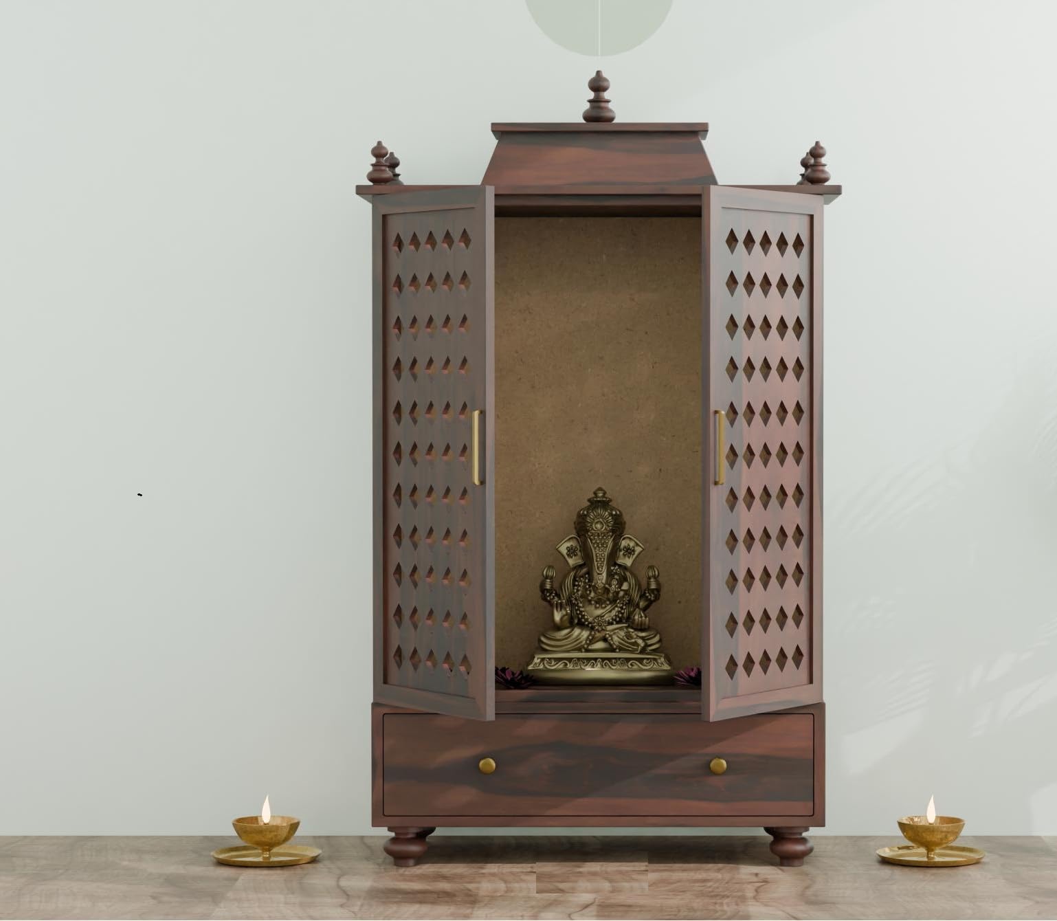 Vanshika Handicrafts Sheesham Wood Pooja Mandir with Cabinet (15x32x46in) - Image 8