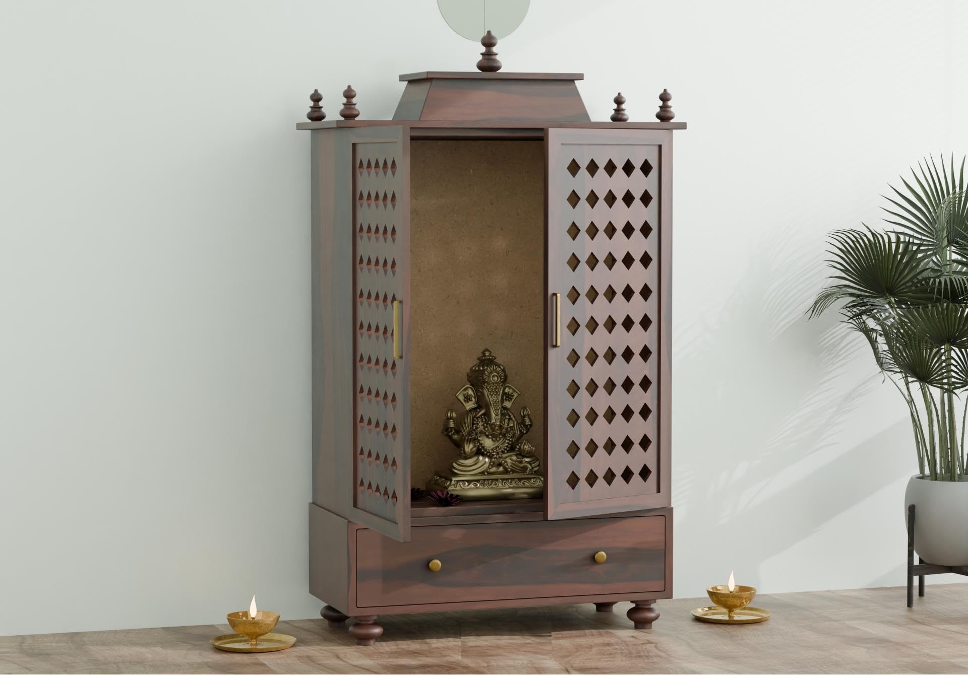Vanshika Handicrafts Sheesham Wood Pooja Mandir with Cabinet (15x32x46in) - Image 10