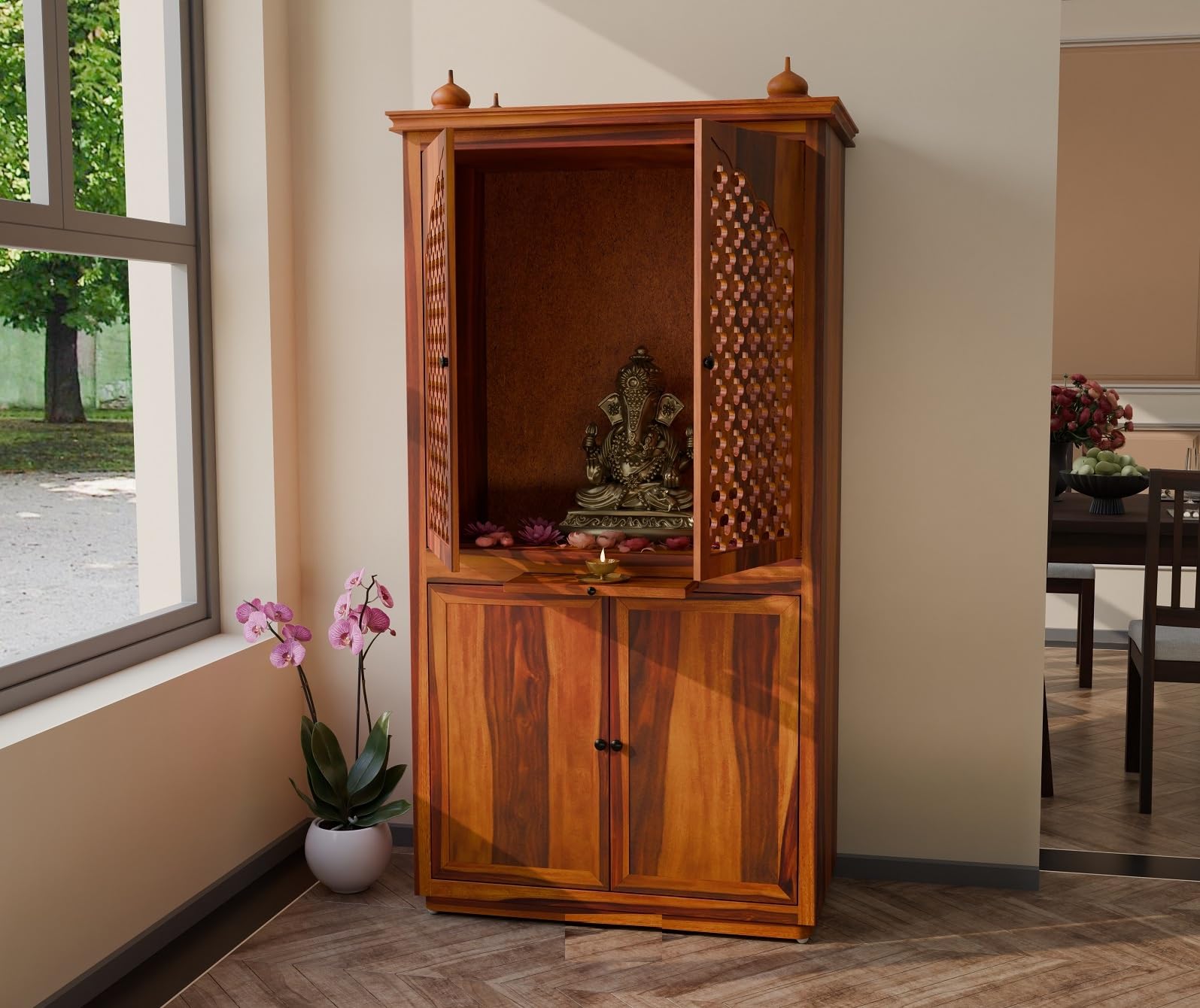 Vanshika Handicrafts Sheesham Wood Pooja Mandir with Cabinet (32x15x60cm) - Image 2