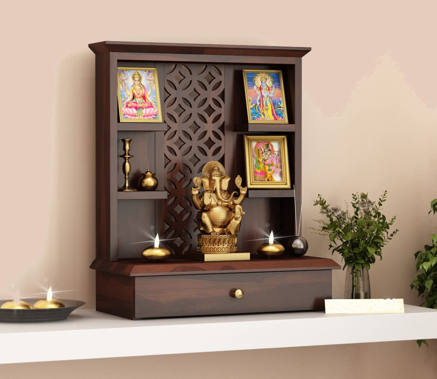 Vanshika Handicrafts Sheesham Wood Pooja Mandir with Cabinet (50x38x71cm) - Image 6